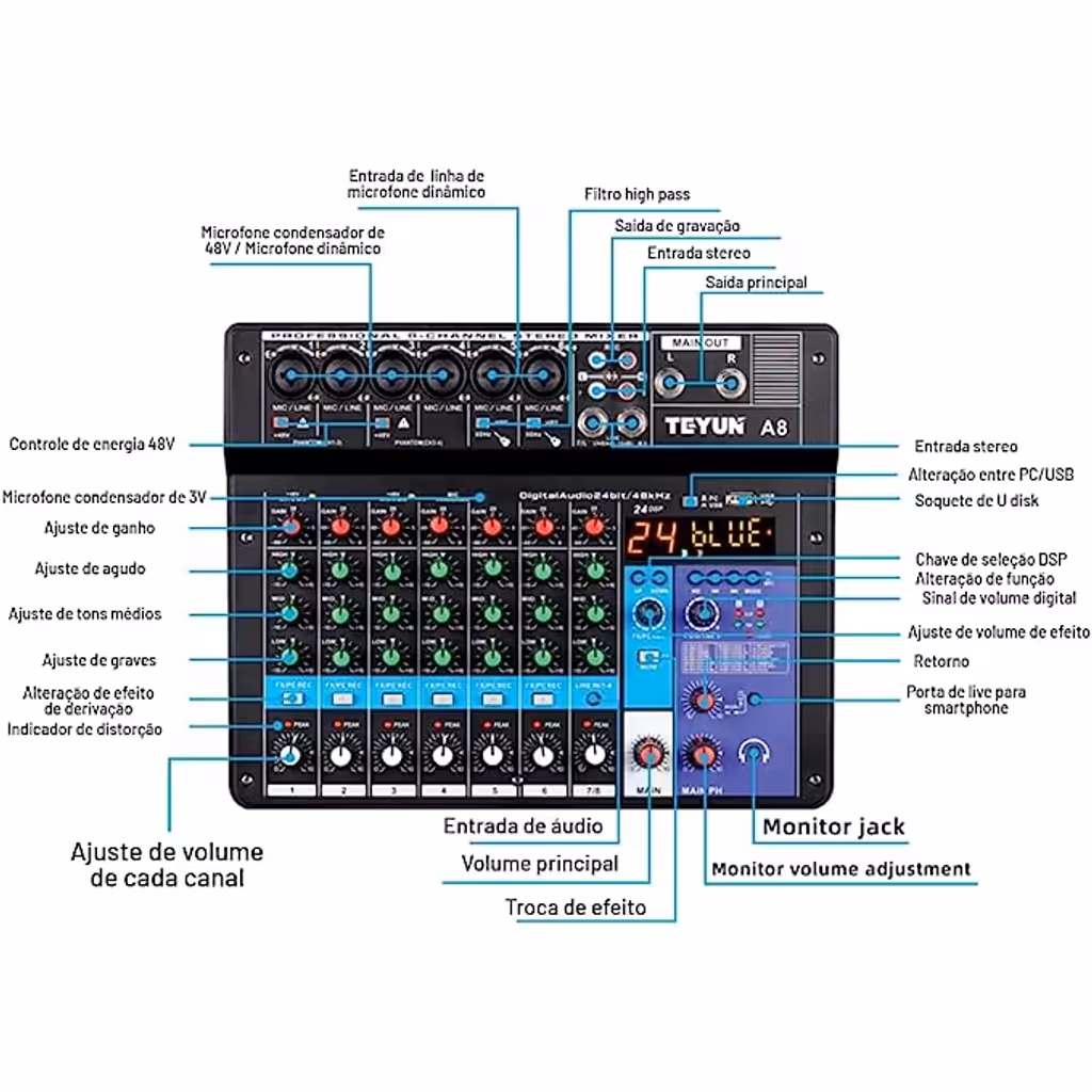 Mesa de Som 8 Canais 48v P10 Xrl Bluetooth