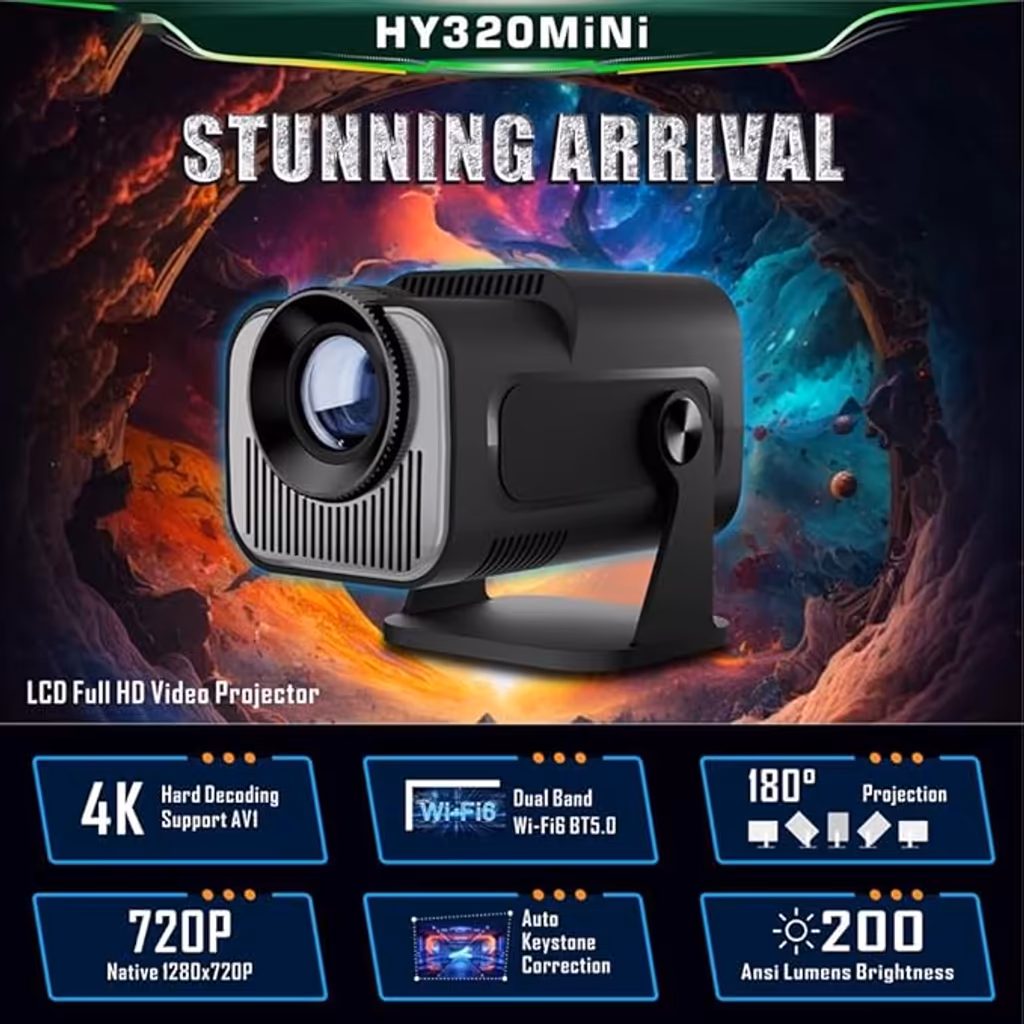 Mini Projetor HY320 Android 11 Nativo 200 ANSI WiFi 6 Bluetooth 5.0 Portátil 180° Cinema Home Theater